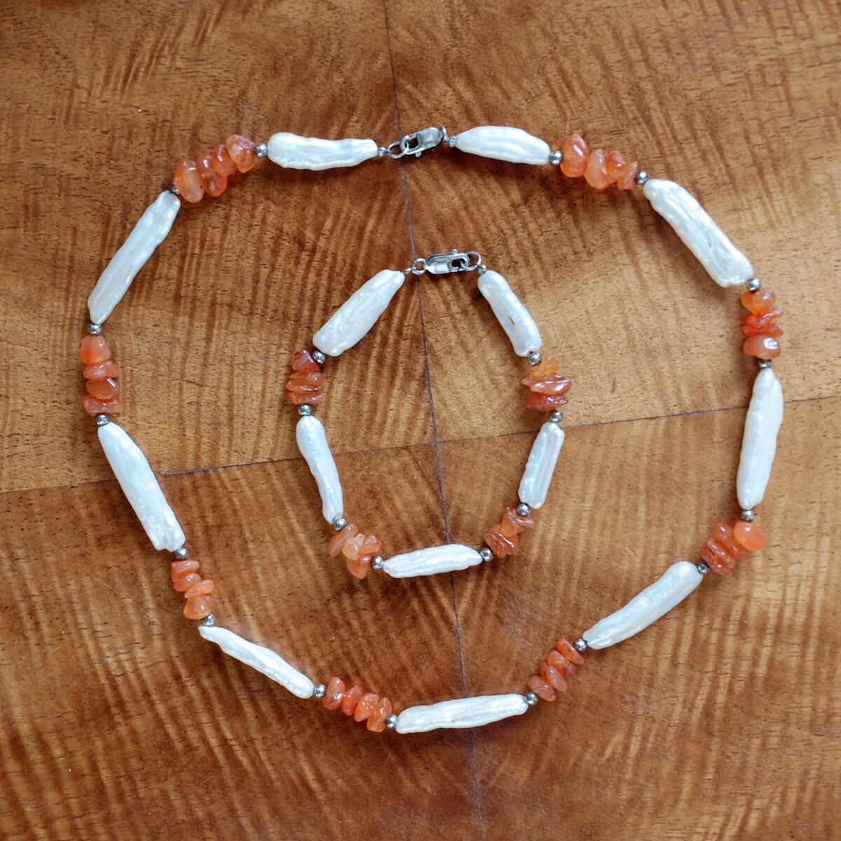 Vintage Carnelian, Pearl &amp; Silver Necklace &amp; Bracelet Set