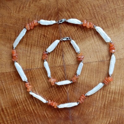 Vintage Carnelian, Pearl &amp; Silver Necklace &amp; Bracelet Set