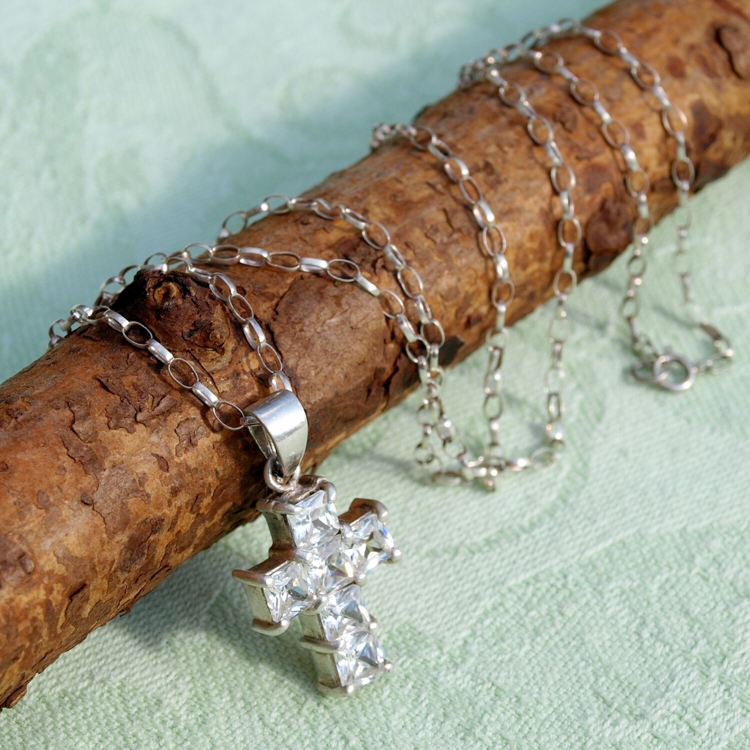 Solid Silver &amp; Cubic Zirconia Cross Pendant Necklace