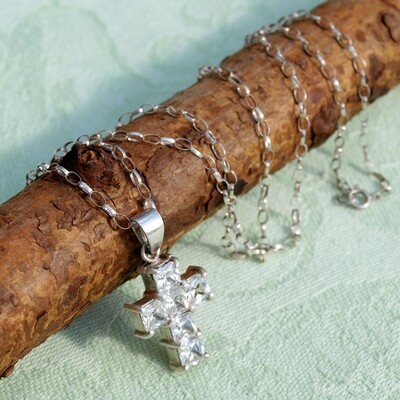 Solid Silver &amp; Cubic Zirconia Cross Pendant Necklace