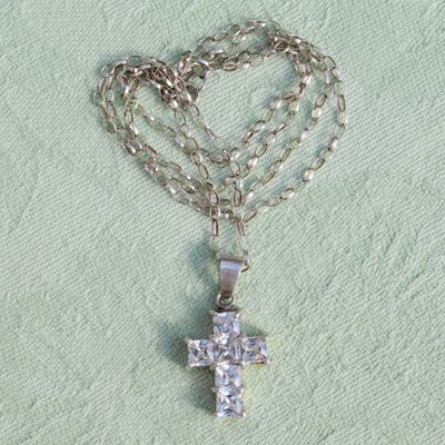 Solid Silver &amp; Cubic Zirconia Cross Pendant Necklace
