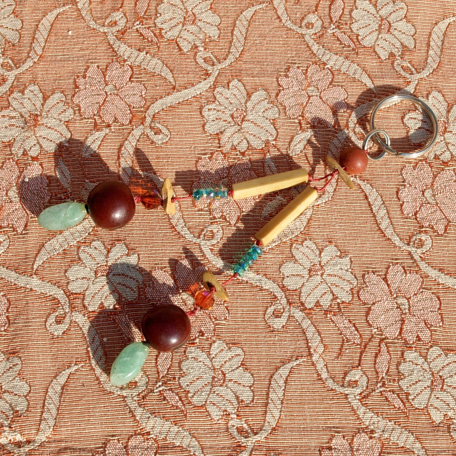 Handmade Keyring - Gemstone Nut Glass Bone Wood