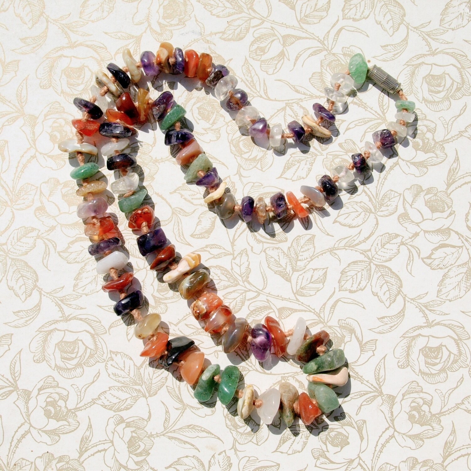 Vintage Long Gemstone Hand Knotted Necklace