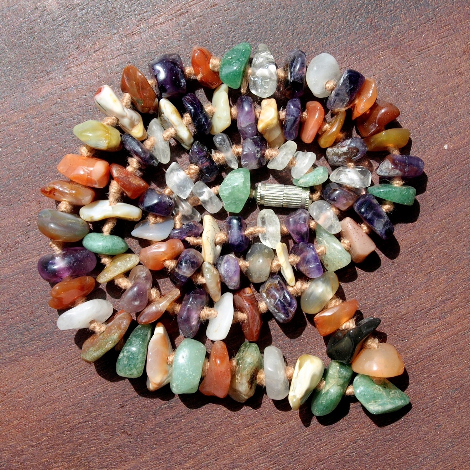Vintage Long Gemstone Hand Knotted Necklace