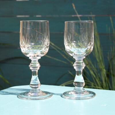 Vintage Pair of Hand Blown Cut Glass Stemware Glasses