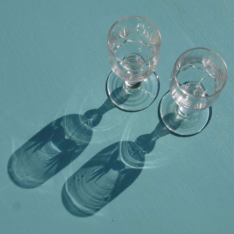 Vintage Pair of Hand Blown Cut Glass Stemware Glasses - Sherry?