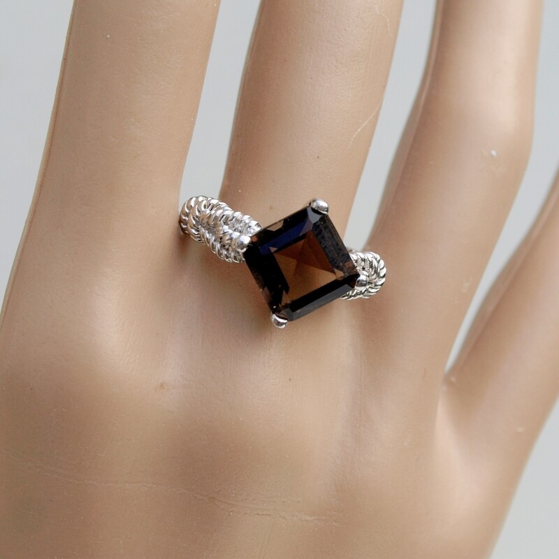 Solid Silver &amp; Smoky Quartz Ring - Size P