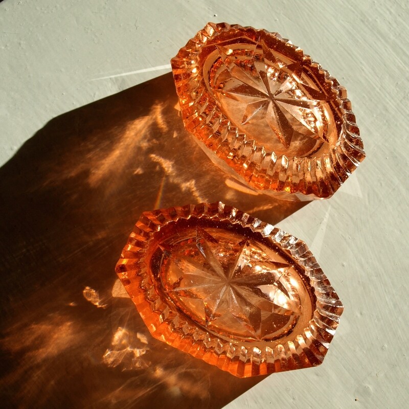 Antique Pair of Peach Glass Faceted Salts