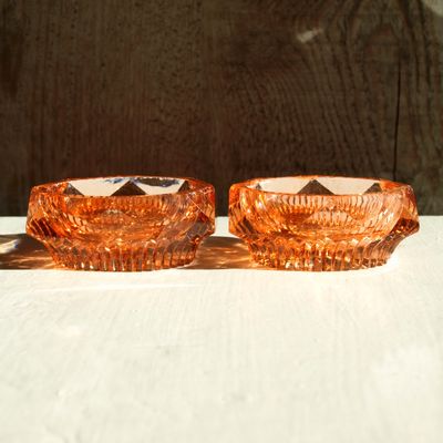 Antique Pair of Peach Glass Faceted Salts