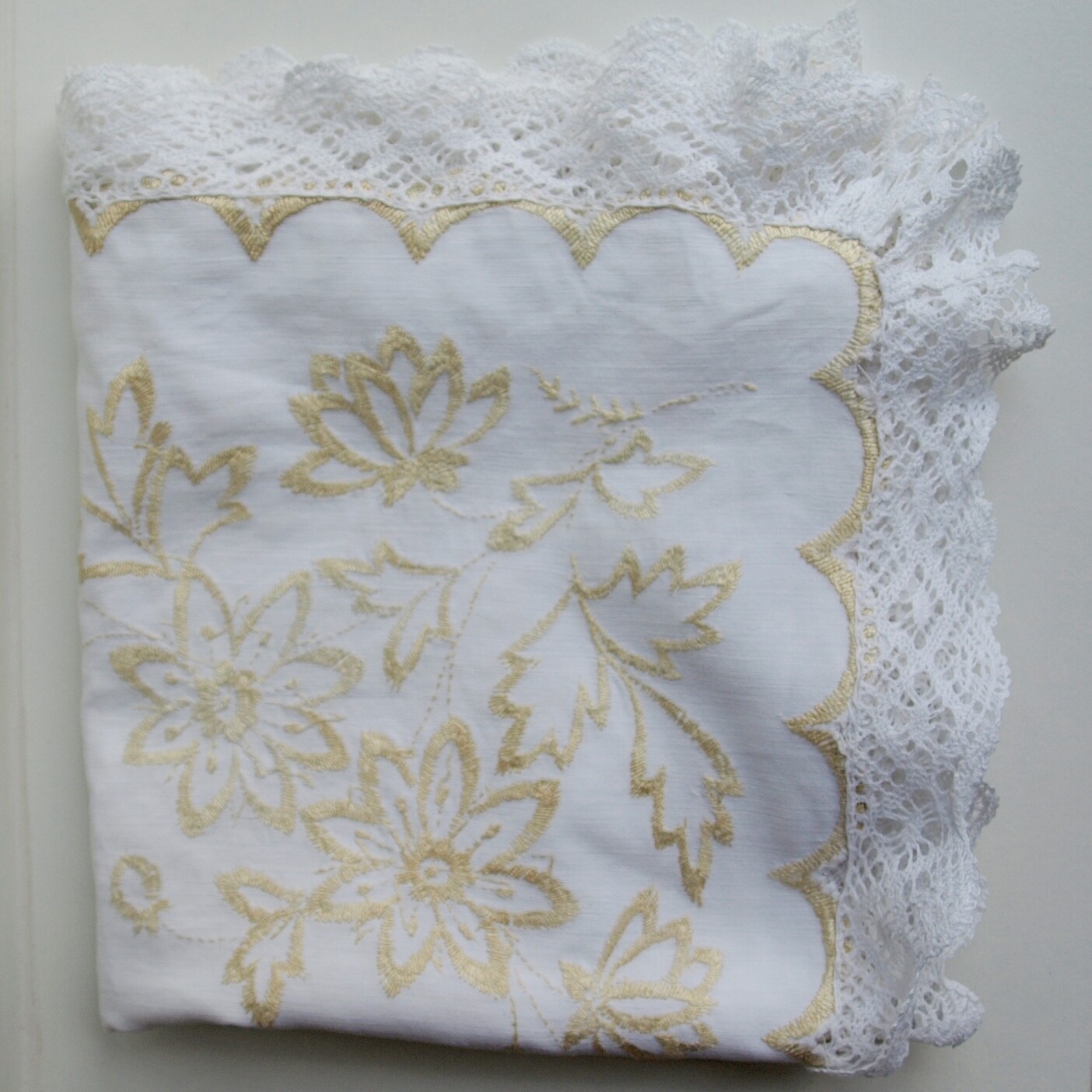 Vintage White Cotton Embroidered Tablecloth