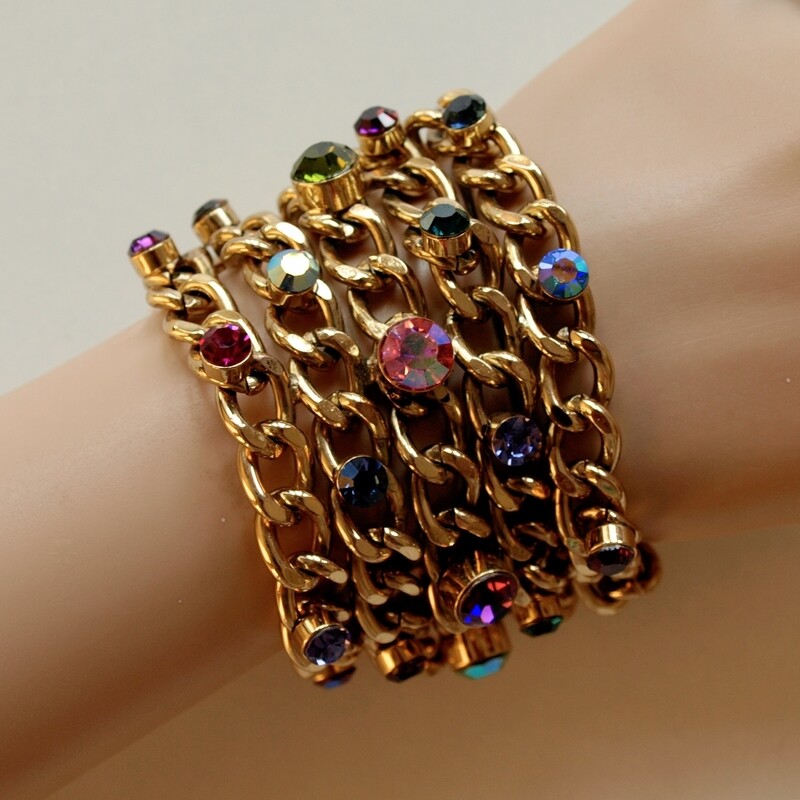 Statement Bracelet - Goldtone Chain &amp; Multicoloured Rhinestones