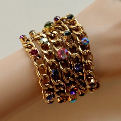 Statement Bracelet - Goldtone Chain &amp; Multicoloured Rhinestones