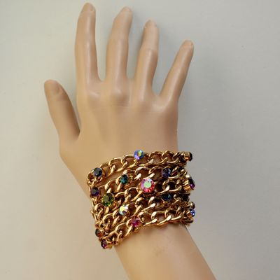 Statement Bracelet - Goldtone Chain &amp; Multicoloured Rhinestones