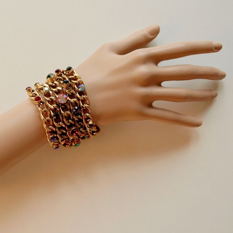 Statement Bracelet - Goldtone Chain &amp; Multicoloured Rhinestones