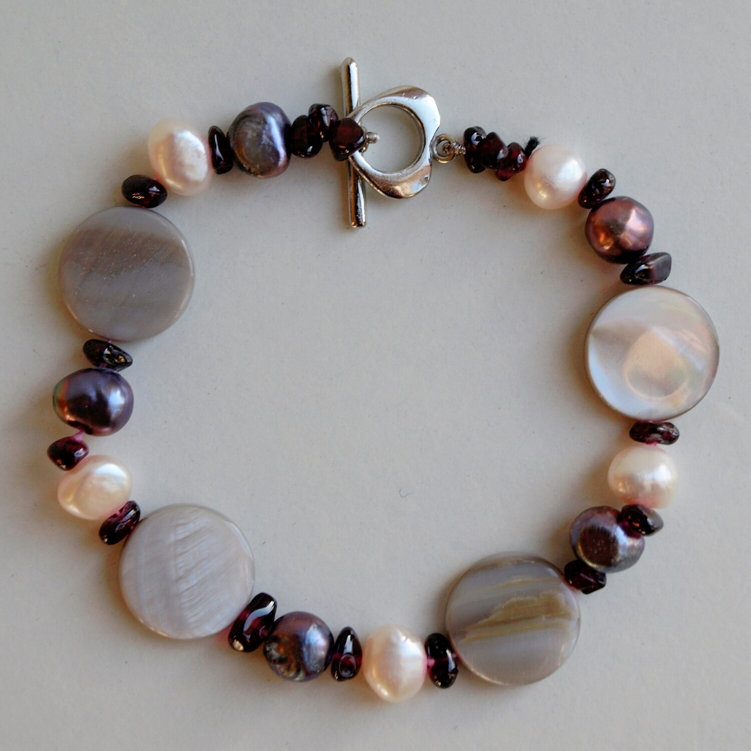 Grey Pearl, MOP &amp; Garnet Beaded Bracelet