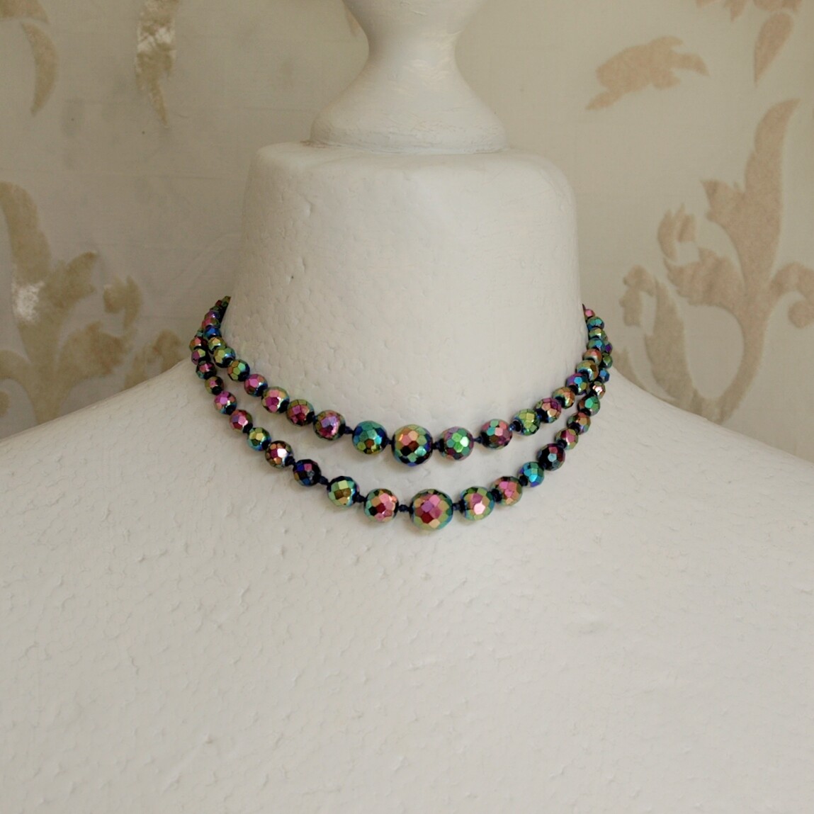 Vintage 50s Black AB Faceted Glass Double Necklace