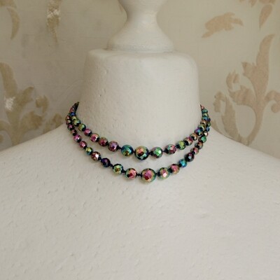 Vintage 50s Black AB Faceted Glass Double Necklace