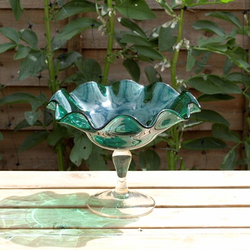 Vintage Hand Blown Green Glass Ruffled Compote Dish