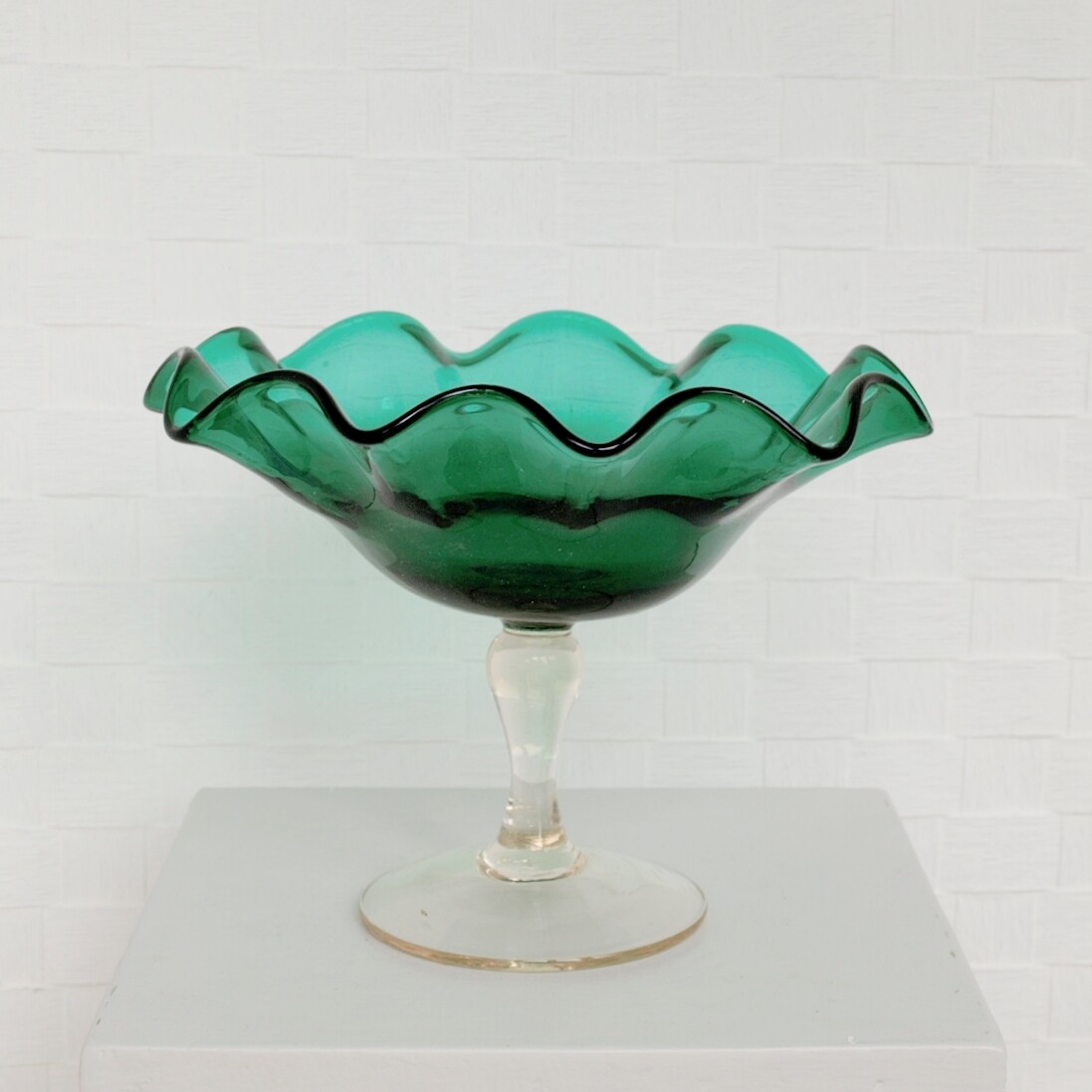 Vintage Hand Blown Green Glass Ruffled Compote Dish