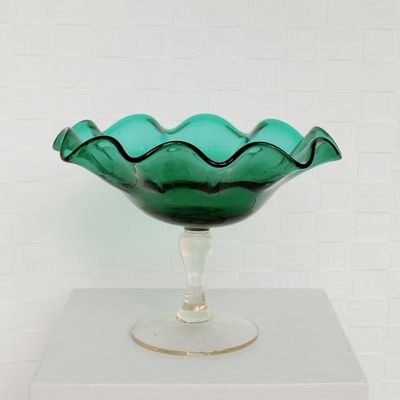 Vintage Hand Blown Green Glass Ruffled Compote Dish