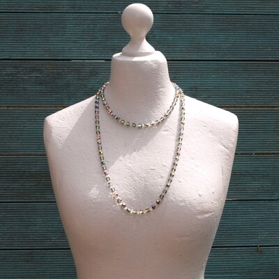 Vintage 40s Flapper Length Rainbow AB Glass Necklace