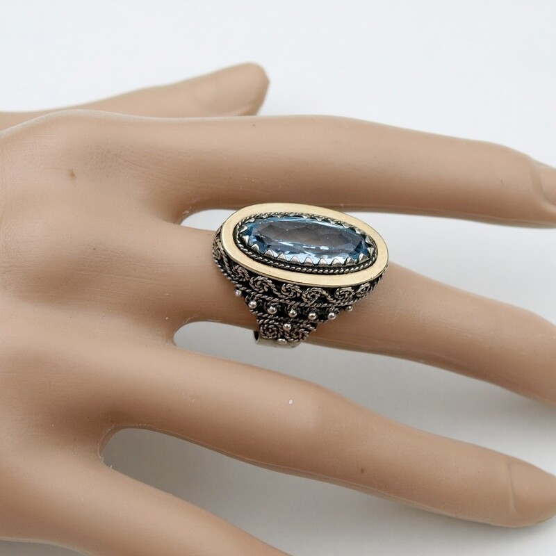 Heavy Ornate Solid Silver Blue Glass Ring N