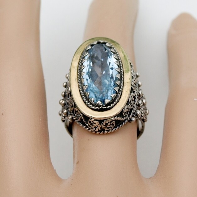 Heavy Ornate Solid Silver Blue Glass Ring 