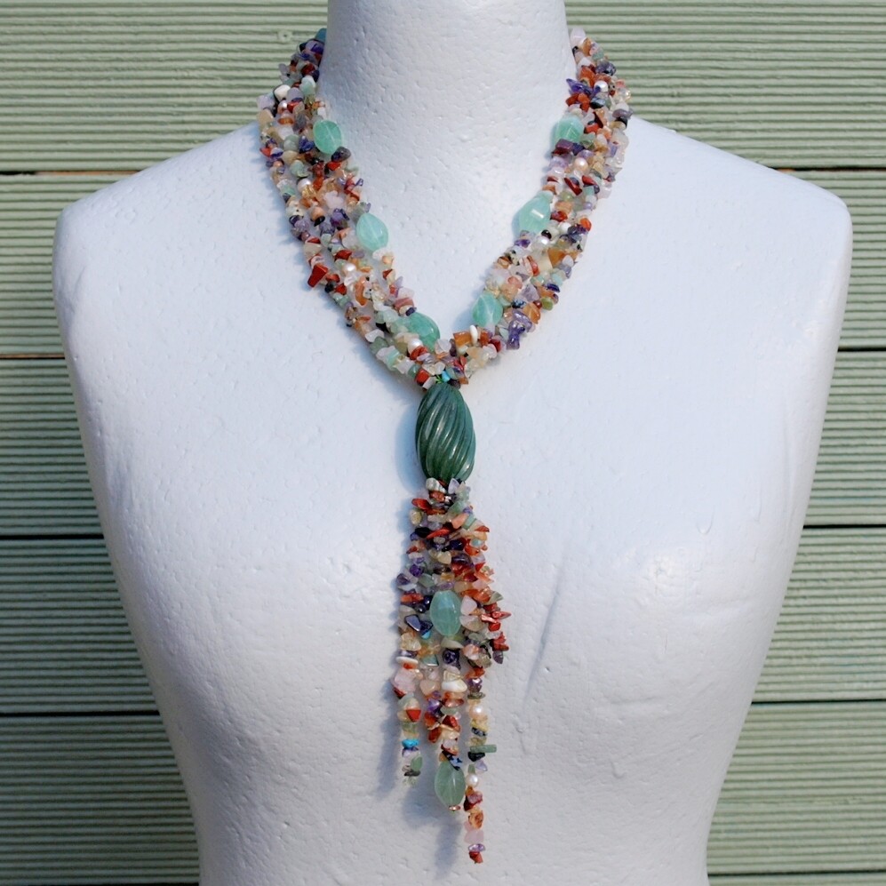 Long Multi-Strand Gemstone Pearl 925 Necklace