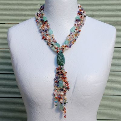 Long Multi-Strand Gemstone Pearl 925 Necklace