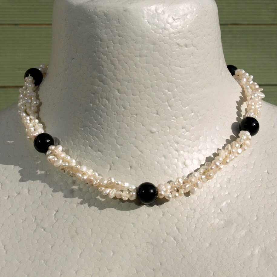 Triple Strand Pearl, Onyx &amp; Silver Necklace