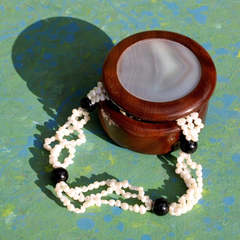 Triple Strand Pearl, Onyx &amp; Silver Necklace &amp; Box