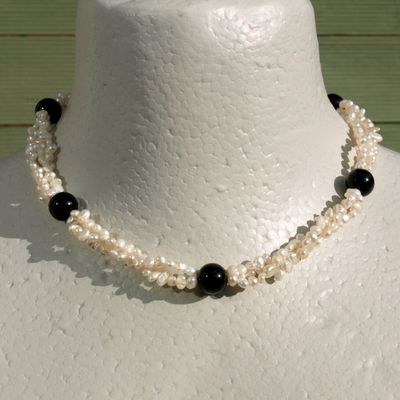 Triple Strand Pearl, Onyx &amp; Silver Necklace