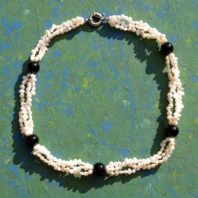Triple Strand Pearl, Onyx &amp; Silver Necklace &amp; Box