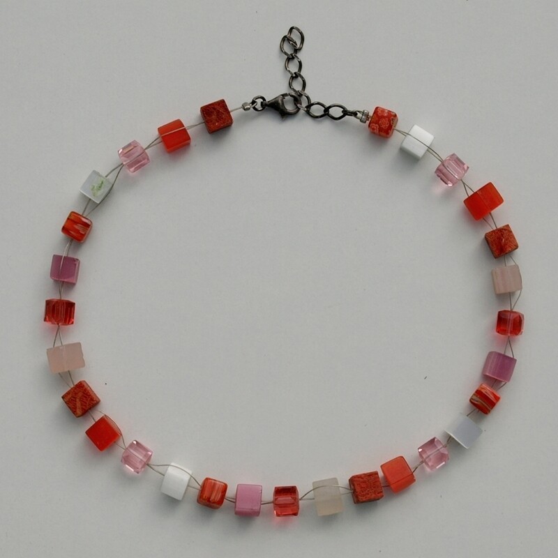 Cube Sponge Coral &amp; Candy Cane Solid Silver Necklace