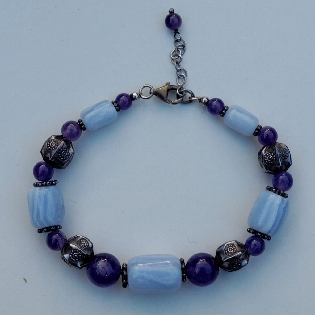 Solid 925 Silver, Amethyst &amp; Blue Lace Agate Bracelet