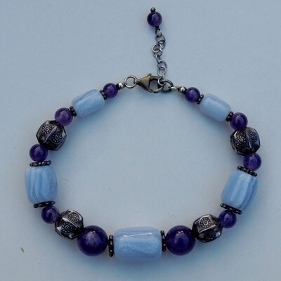 Solid 925 Silver, Amethyst &amp; Blue Lace Agate Bracelet