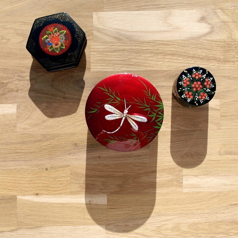 Three Hand Painted Red &amp; Black Papier Mache Trinket Boxes