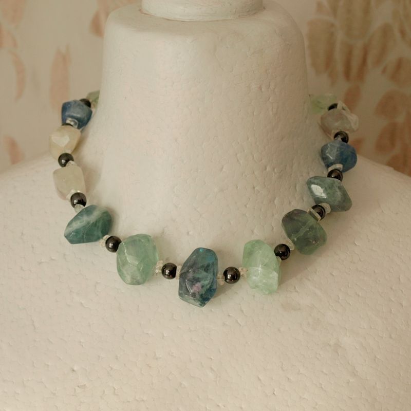 Chunky Fluorite &amp; Hematite Necklace + Handmade Box
