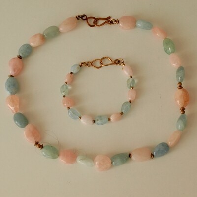 Rose Quartz Necklace &amp; Bracelet Set + Solid Silver Clasps