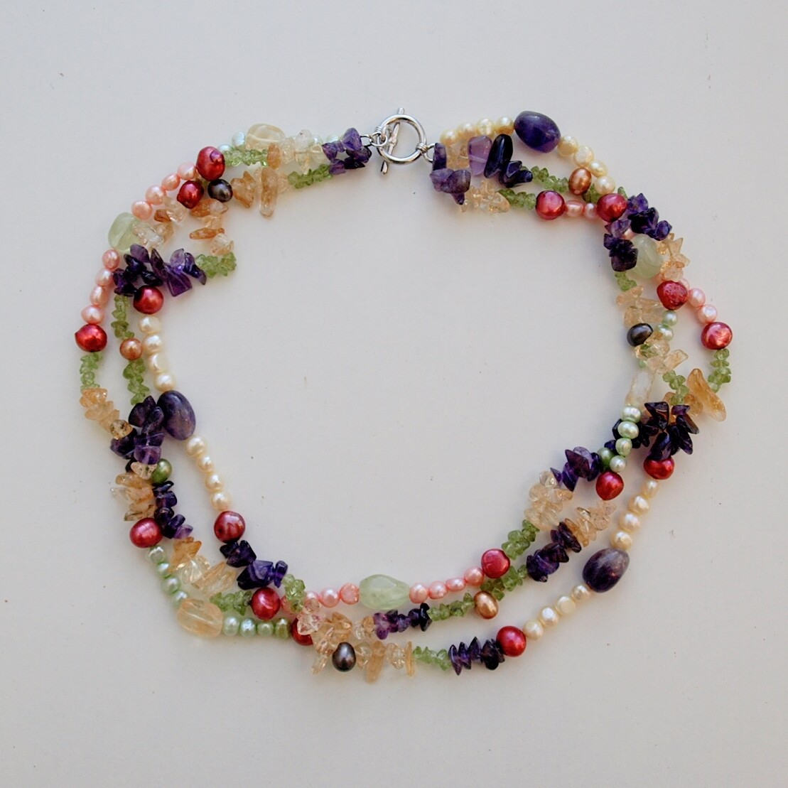 Short Triple Strand Pearl &amp; Gemstone Necklace
