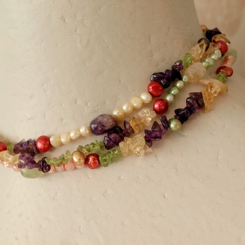 Short Triple Strand Pearl &amp; Gemstone Necklace