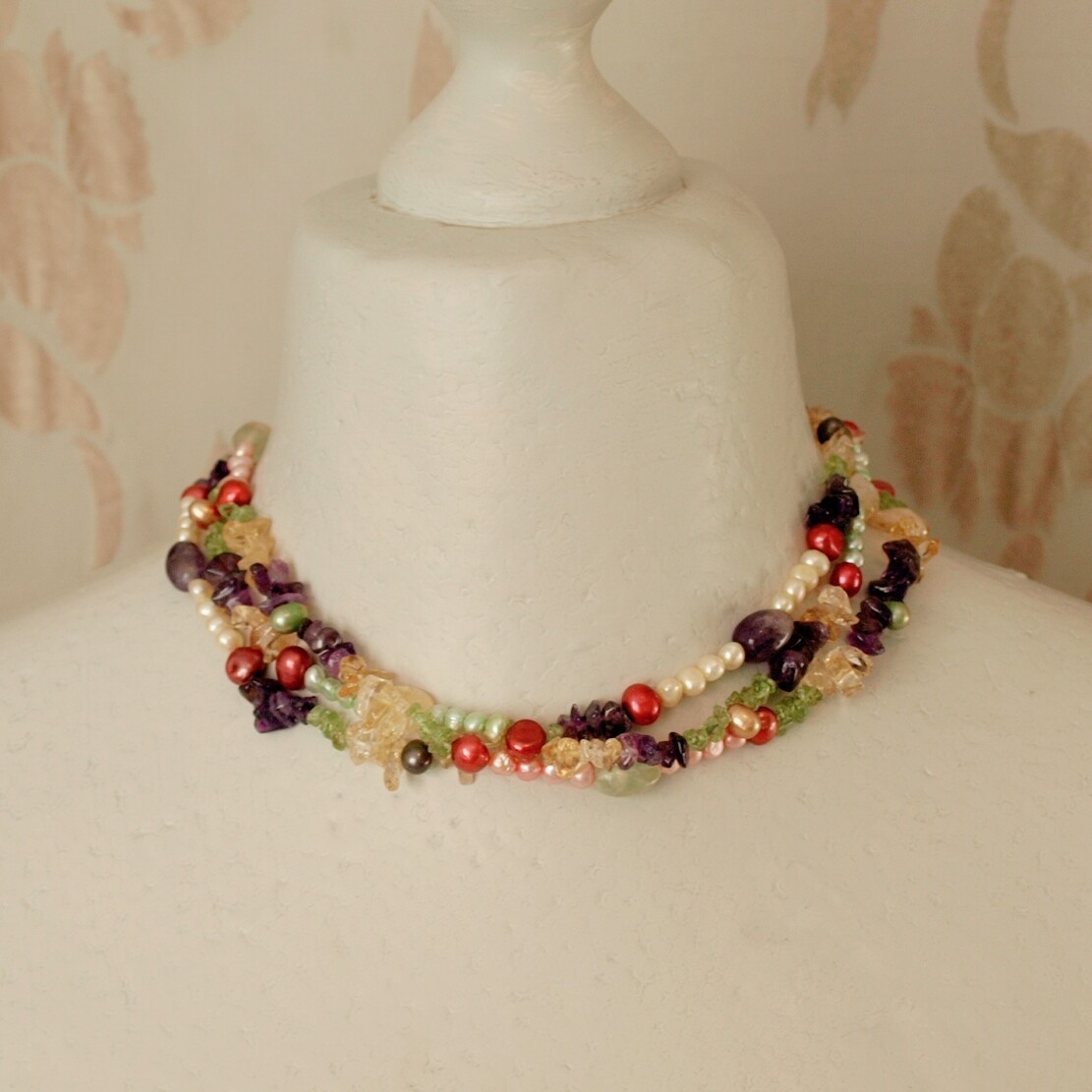 Short Triple Strand Pearl &amp; Gemstone Necklace