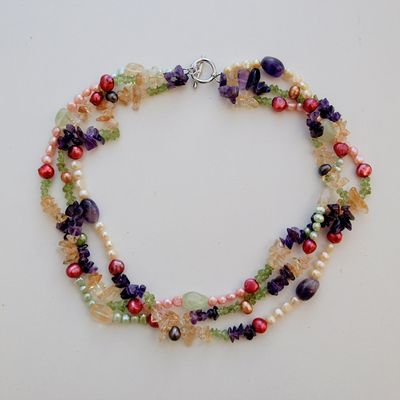 Short Triple Strand Pearl &amp; Gemstone Necklace