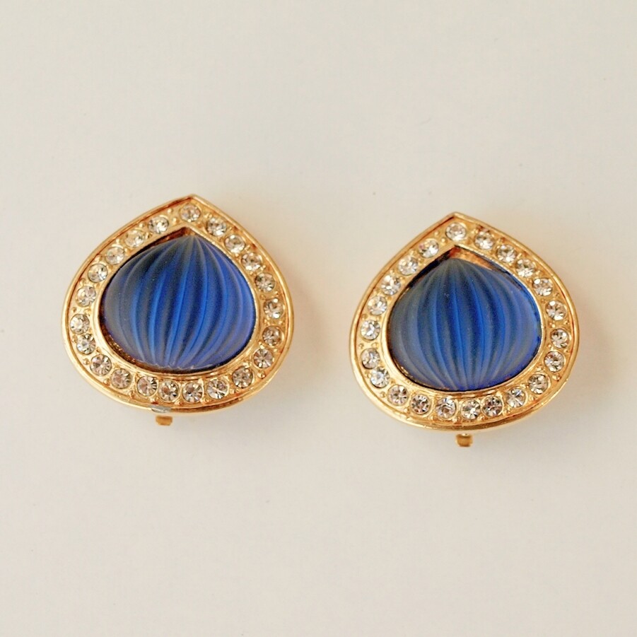 Vintage Goldtone, Blue Glass &amp; Rhinestone Clip Earrings