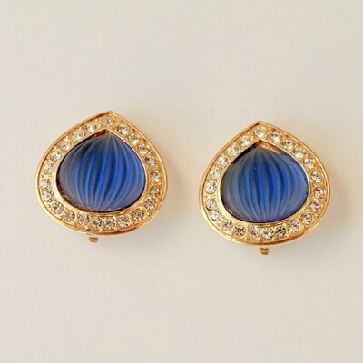 Vintage Goldtone, Blue Glass &amp; Rhinestone Clip Earrings