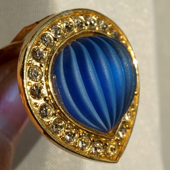 Vintage Goldtone, Blue Glass &amp; Rhinestone Clip Earrings
