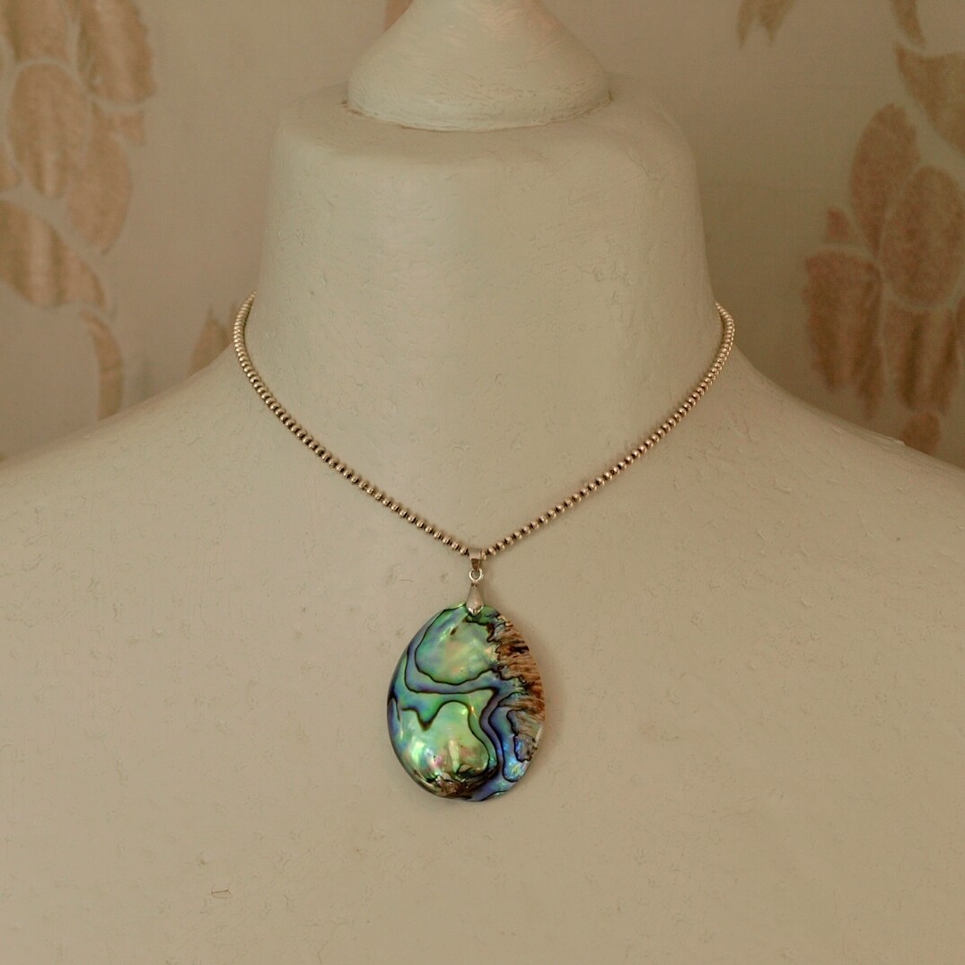 Solid Silver &amp; Large Abalone Pendant Necklace