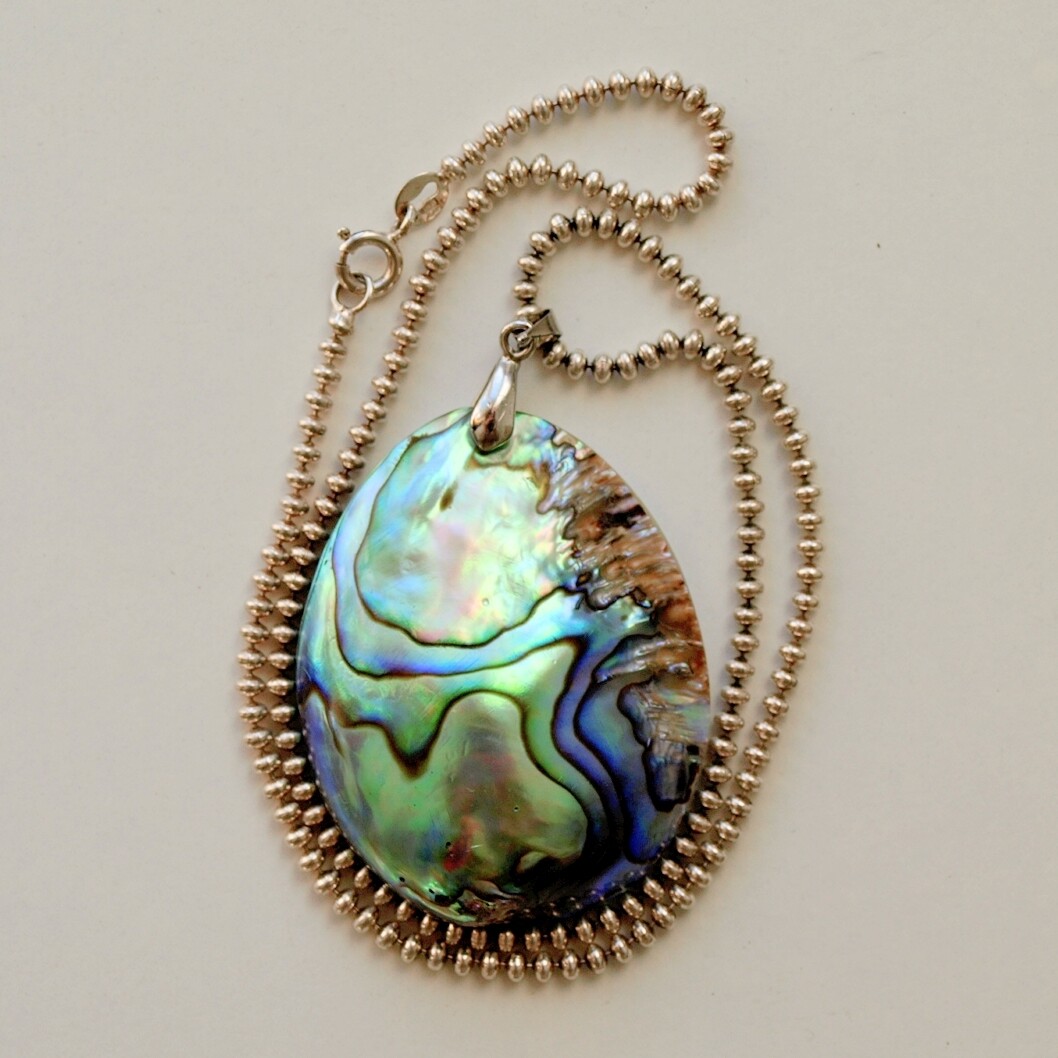 Solid Silver &amp; Large Abalone Pendant Necklace