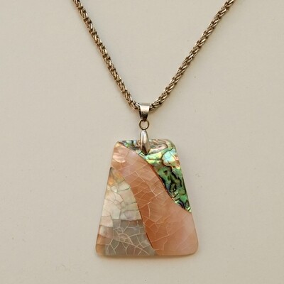 Long Solid Silver Rope Chain &amp; Abalone Pendant Necklace