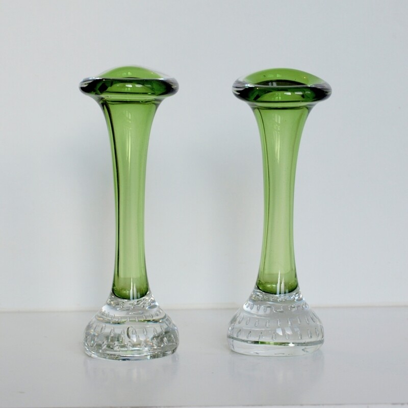 Vintage Pair of Hand Blown Green Jack In The Pulpit Vases